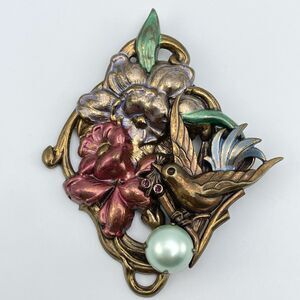 Vintage Brooch Floral Bird Gold Tone Faux Pearl Multicolor Statement Boho